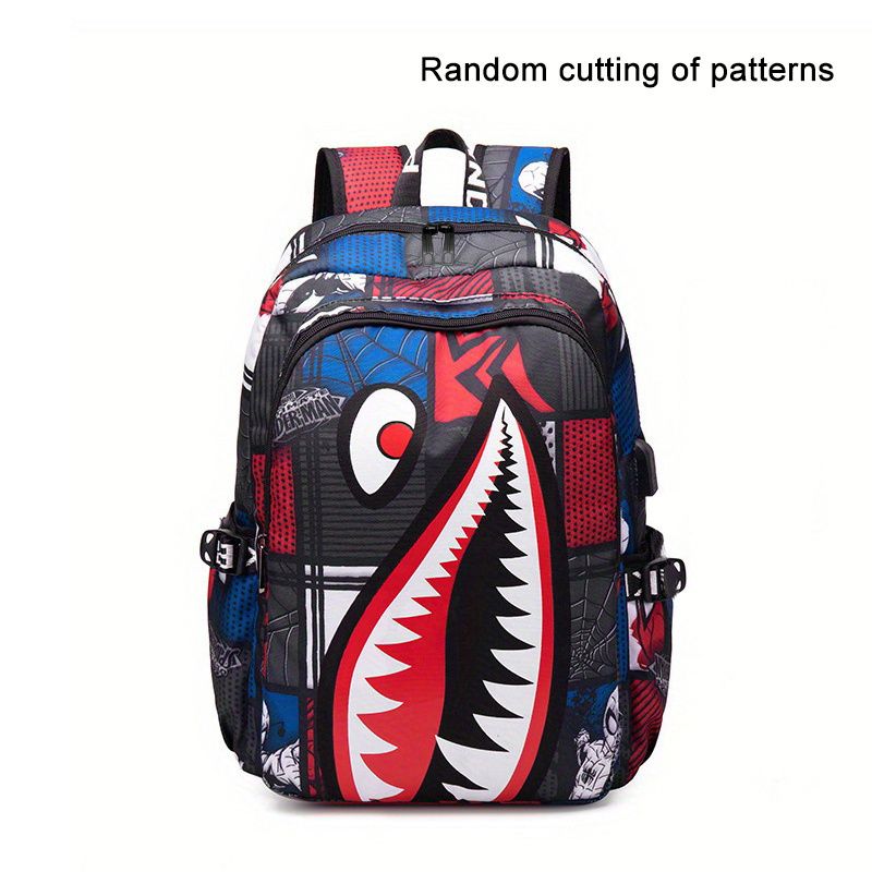 Mochila con patrón de tiburón, bolso escolar de nailon de moda para estudiantes, mochila de viaje ligera con puerto de carga USB_voghion.com