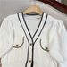 Women's Clothing V Neck Slim Contrast Color Button Short Sleeve Knitted Jacket Cardigan Top_voghion.com