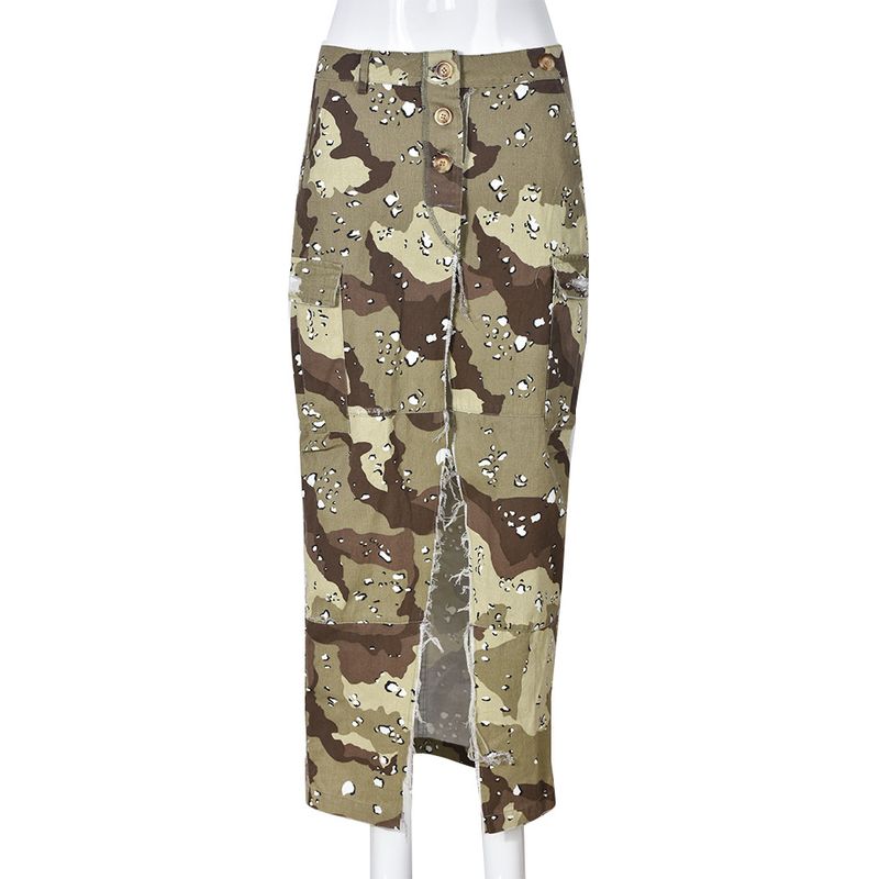 Damenbekleidung Herbst und Winter Neue Mode Persönlichkeit Camouflage Wash Pocket Slit Fransenrock Weiblich_voghion.com