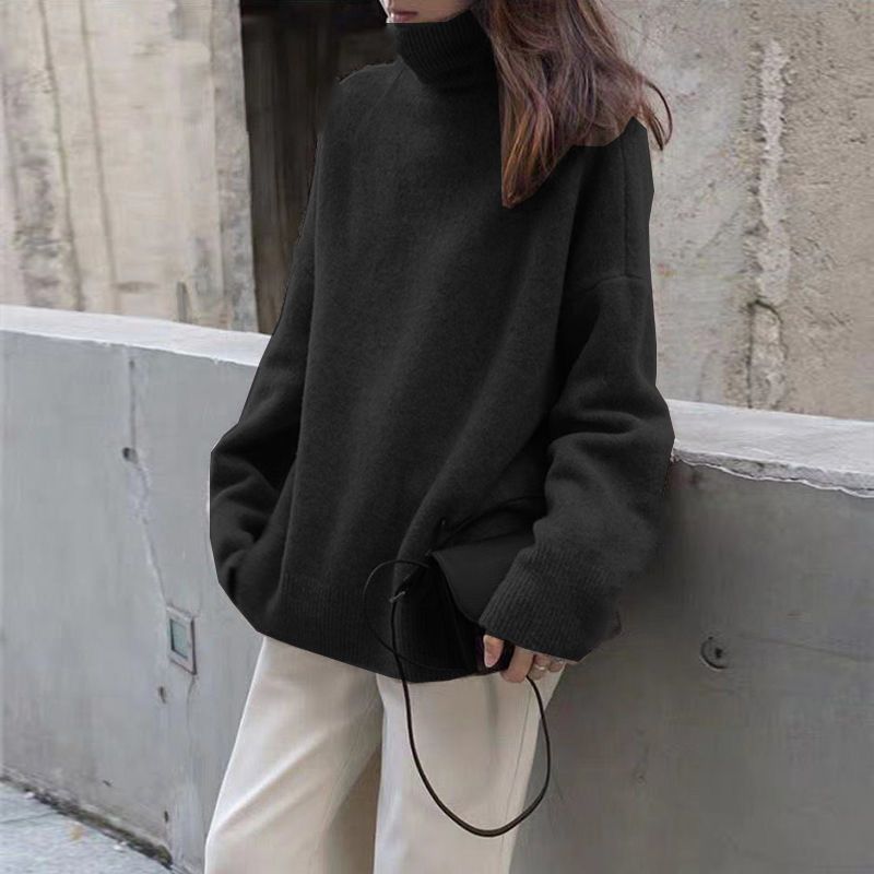 Women's Clothing solid color sweater autumn and winter new loose knitted bottoming shirt high collar top_voghion.com