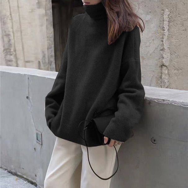 Women's Clothing solid color sweater autumn and winter new loose knitted bottoming shirt high collar top_voghion.com