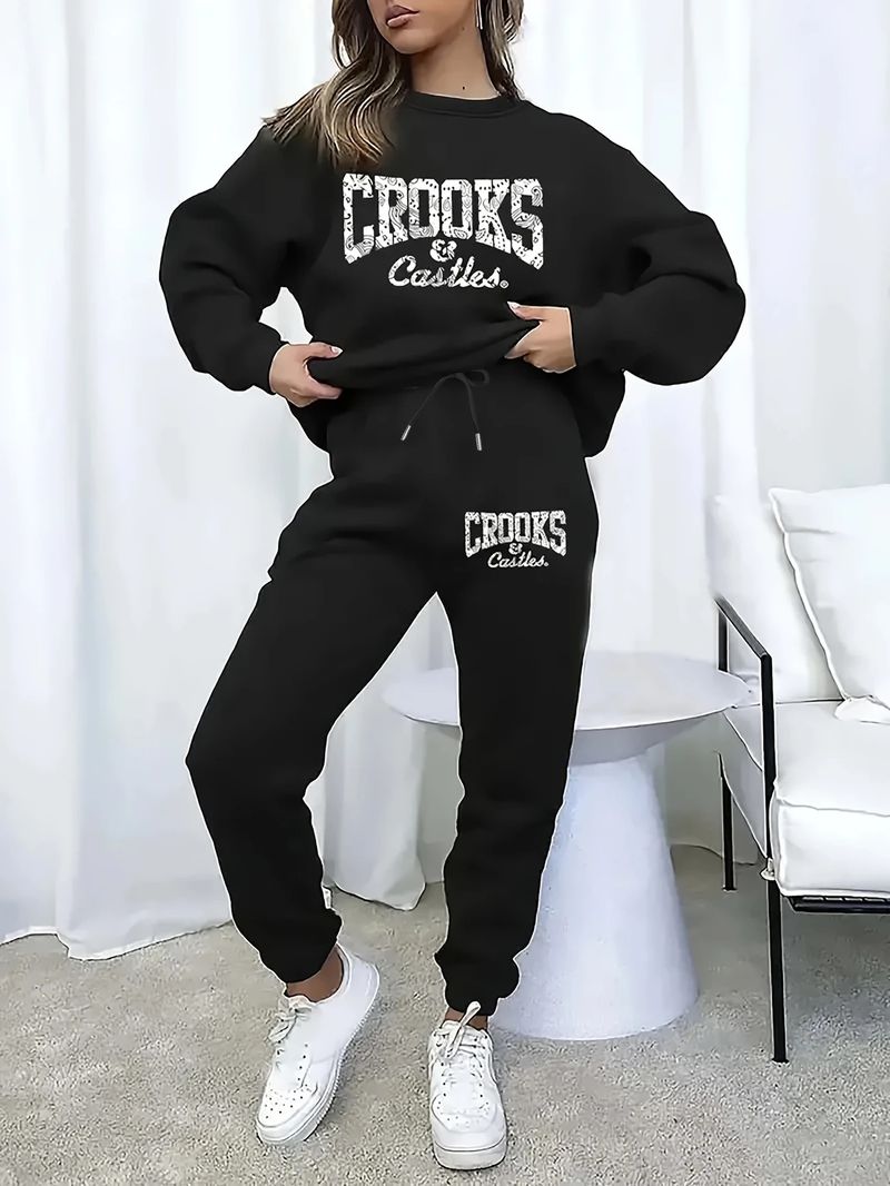 Women's Letter Print Hoodie Set, Long Sleeve Pullover Sweatshirt And Elastic Waist Pants, Casual Loungewear Tracksuit_voghion.com