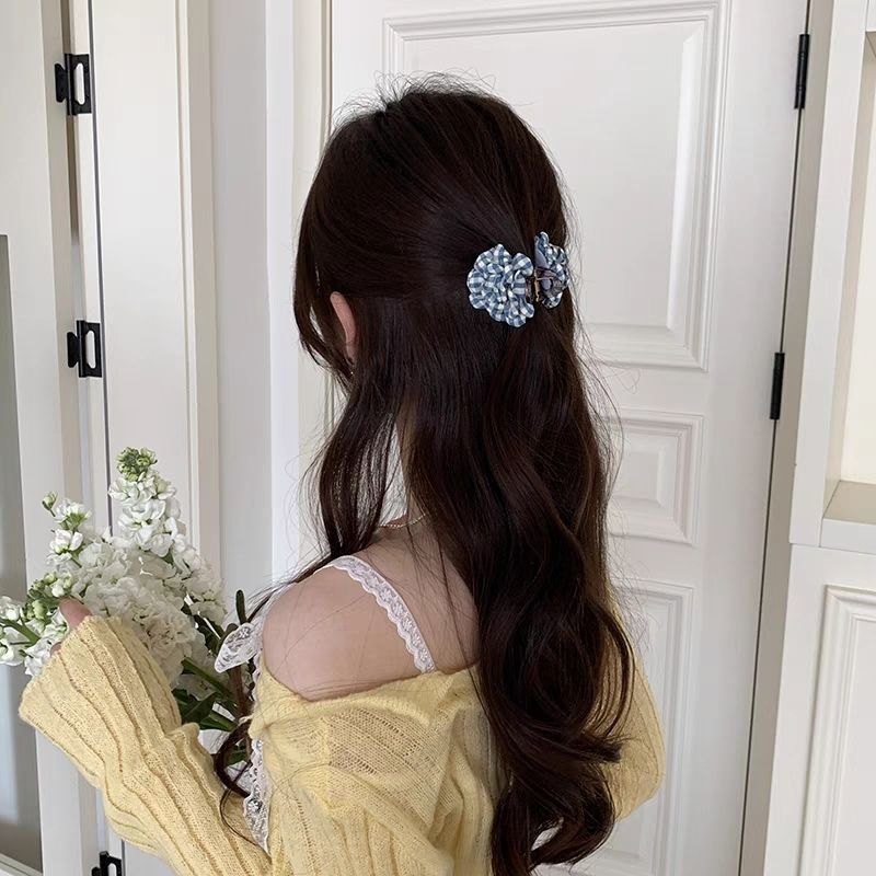 Plaid Flower Grab Clip Half Tie Hairpin Small Grab Clip On The Back Of The Head Travel Hairpin._voghion.com