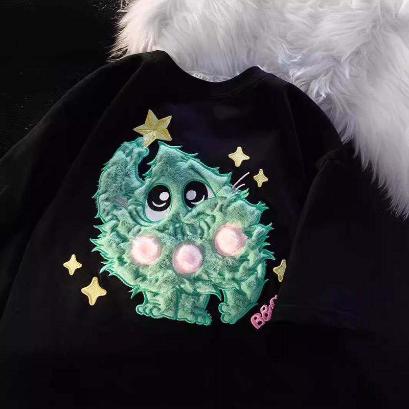 Women's Clothing short sleeved men and women summer heavy flocking embroidery clothes couples pure cotton heavy cotton T shirt trend_voghion.com
