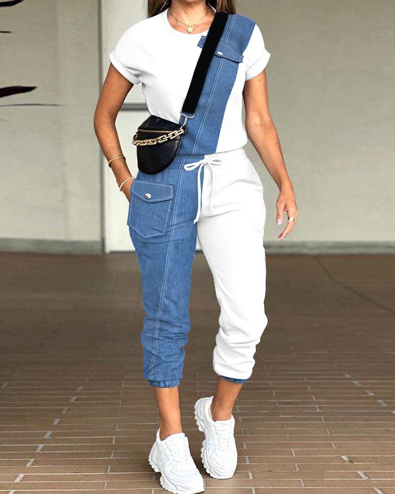 Damkläder färdiga imiterade denim skarvtopp + byxdress_voghion.com