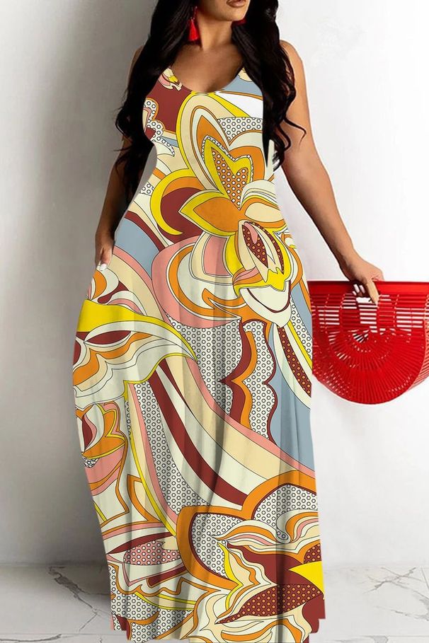 Women's Floral Print Deep V Neck Maxi Dress - Elegant Sleeveless High Waist Summer Dress With Pockets,Women's Clothing_voghion.com