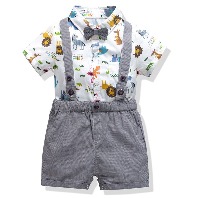 Baby clothes Summer baby cartoon printed shirt, overalls, pants and bow tie gentleman short-sleeved climbing suit_voghion.com