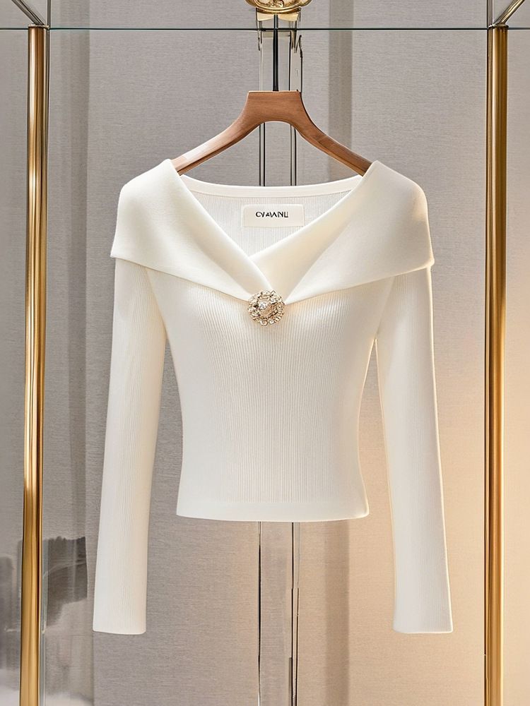 Women's Clothing Sweater Temperament Age Reducing Unique Super Good Looking Inner Wear Small White Top_voghion.com