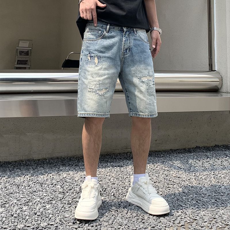 Men's Clothing Summer Denim Shorts Men's Trendy Brand Handsome Ripped Patch Shorts Embroidered New Pants Men's Straight Pants_voghion.com