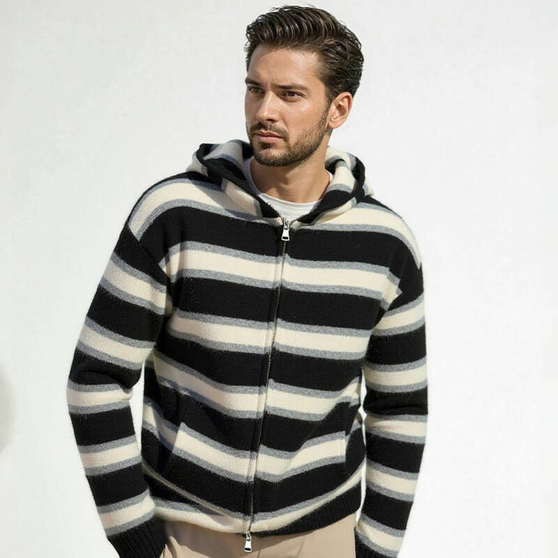 Lässiger, dicker, gestreifter Kapuzenpullover für Herren – weicher Strickpullover mit geripptem Saum, lockere Passform, lange Ärmel für Herbst und Winter_voghion.com