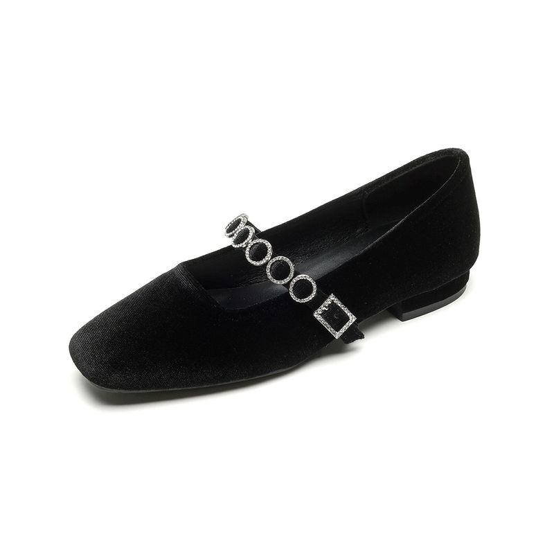Quadratischer Kopf Flacher Mund High Heels Ein-Wort Diamantgürtel Niedriger Absatz Wildleder Mary Jane Einzelschuhe_voghion.com