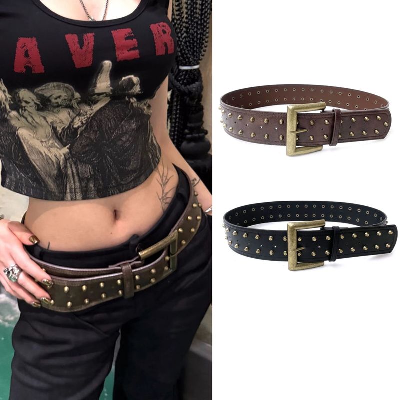 Kadınlar İçin Punk Günlük Geniş Dekoratif Elbise Basit Çok Yönlü Moda Kore Tarzı Etek Kemer Perçinli_voghion.com
