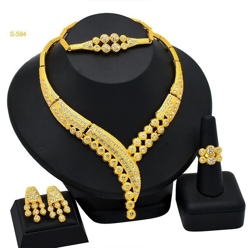 Bride gold-plated jewelry set sargent gold necklace earrings ring bracelet four pieces of accessories_voghion.com