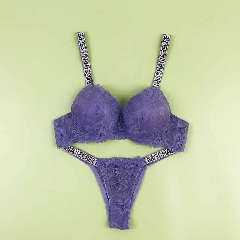 Sexy lace bra set with rhinestones, comfortable and adjustable small breast push-up and enlargement bra to prevent sagging_voghion.com