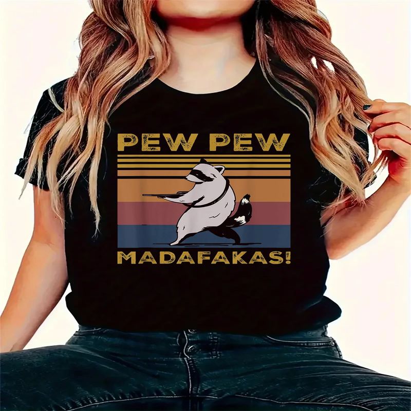 Pew Pew Madafakas Funny Raccoon Lover Print T-Shirt Fashion women's Team Short-Sleeved Round Neck T-Shirt Oversized T Shirt Tops._voghion.com