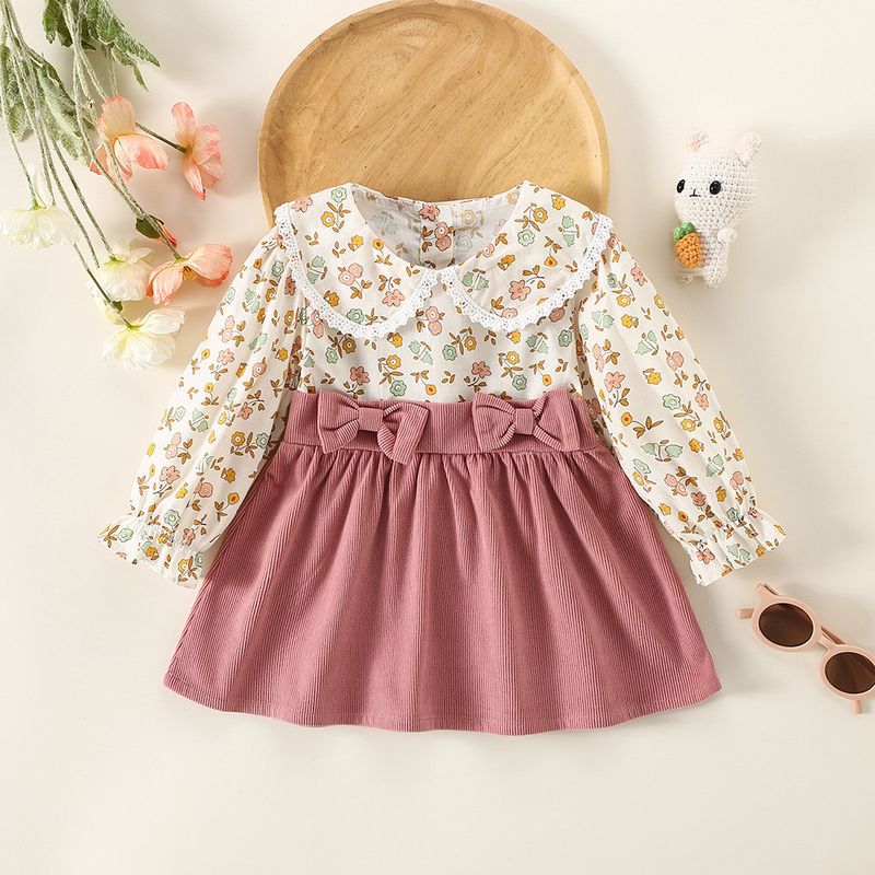 Baby Girl Long Sleeved Dress Doll Collar Floral Printed Patchwork Dress For Baby_voghion.com
