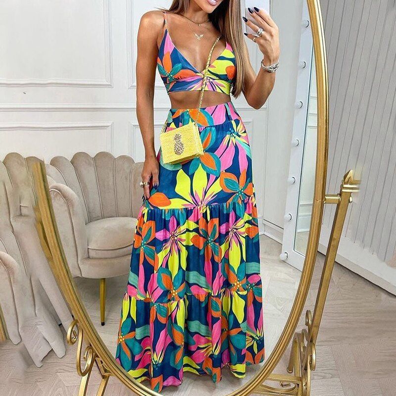 Set abito lungo da donna con stampa temperamento elegante con scollo a V e scollo all'americana_voghion.com
