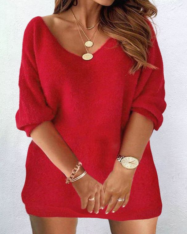 Damenbekleidung, langärmeliges Oberteil, modisches, einfarbiges Plüschkleid_voghion.com