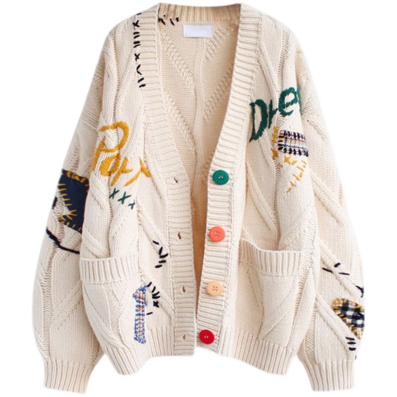 Pull tricoté chaud pour femme, pull ample avec poche brodée, Cardigan en tricot, à la mode, printemps 2022_voghion.com