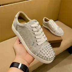 European station cl red-soled shoes low-top glitter rivets silver sequin lace-up genuine leather casual couple trendy white shoes