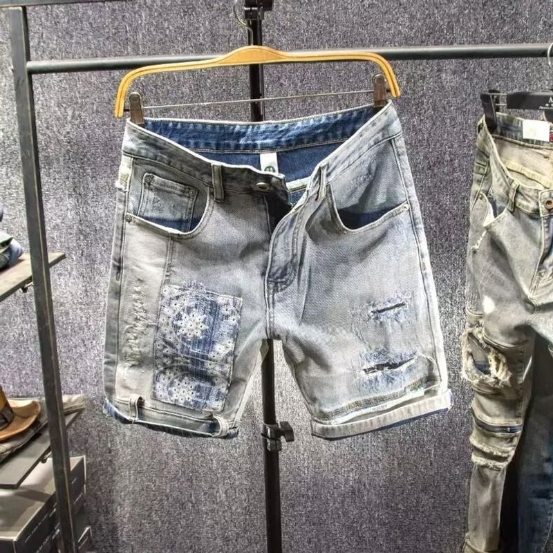 Men's Clothing New Shorts Trendy Men's Washed Hole Patches Simple And Versatile Slim Stitching Denim Shorts Men_voghion.com