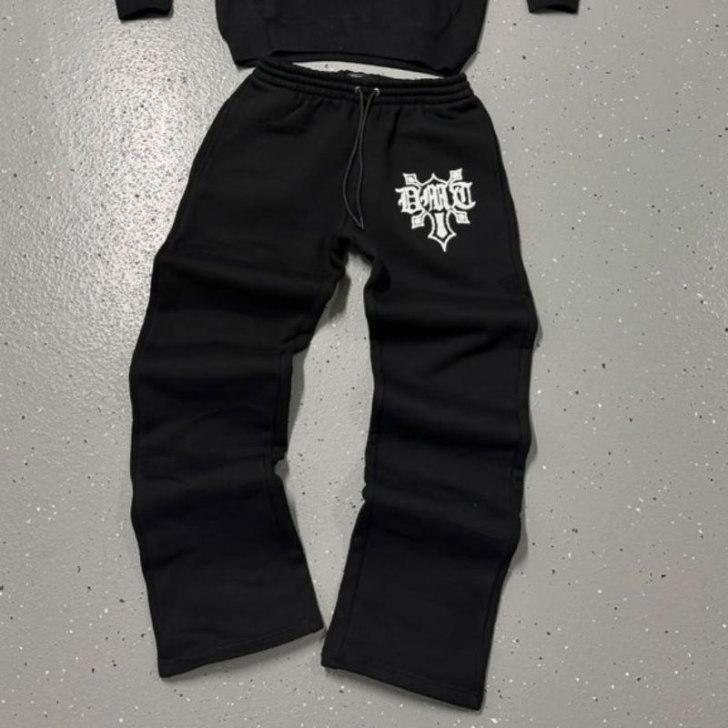 Streetwear Hoodie & Jogger Set - Hip Hop Unisex Pullover With Flocked Lettering, Casual Comfort Fit (Black/Gray, S-XL)​_voghion.com