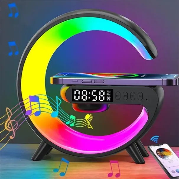 Lautsprecher mit RGB-Nachtlicht und Wecker, Multifunktionslautsprecher, Soundsystem, 5-W-Wireless-Ladestation_voghion.com