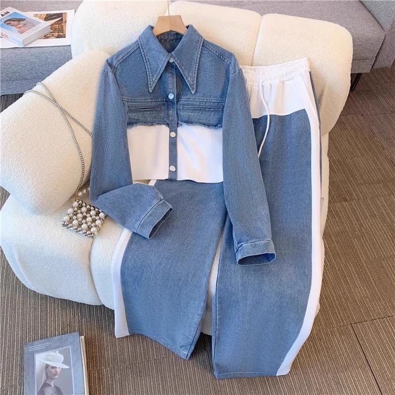 Women's Clothing Denim Patchwork Fashion Casual Suit Spring And Autumn New Long Sleeved Top + Wide Leg Long Pants Two Piece Suit_voghion.com