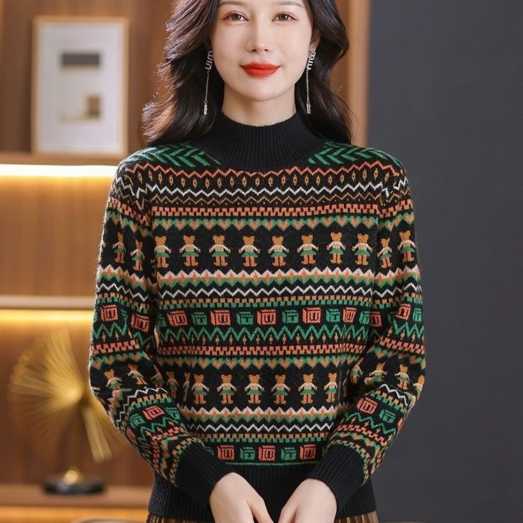 【 Cashmere Family 】 Lockerer und dicker Strickpullover mit halbhohem Stehkragen und kurzer Wollbasis für Damen, Innenschicht_voghion.com