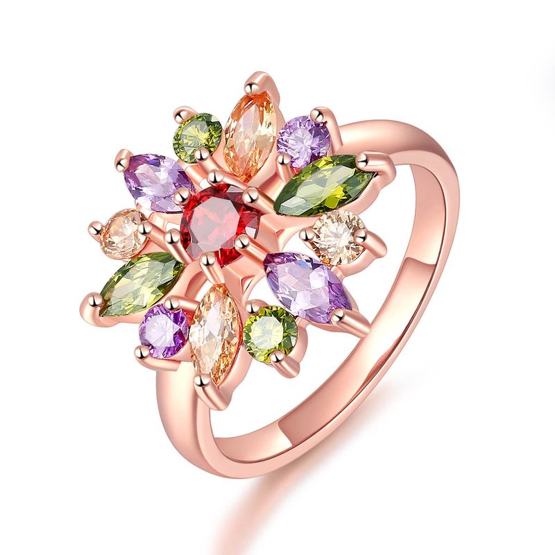 Anillo de compromiso con amatista, peridoto y morganita, con flor colorida, chapado en oro rosa, con halo de circonita cúbica para mujeres y madres._voghion.com