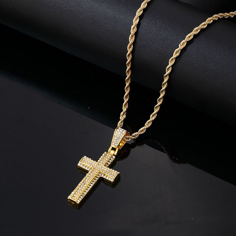alloy hip hop fashion full zirconium double-layer cross men's necklace light luxury Street stainless steel chain protection_voghion.com