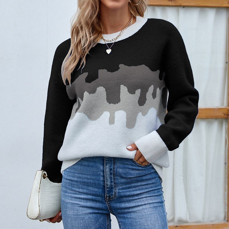 Crew Neck Gradient Contrasting Color Pullover Sweater_voghion.com