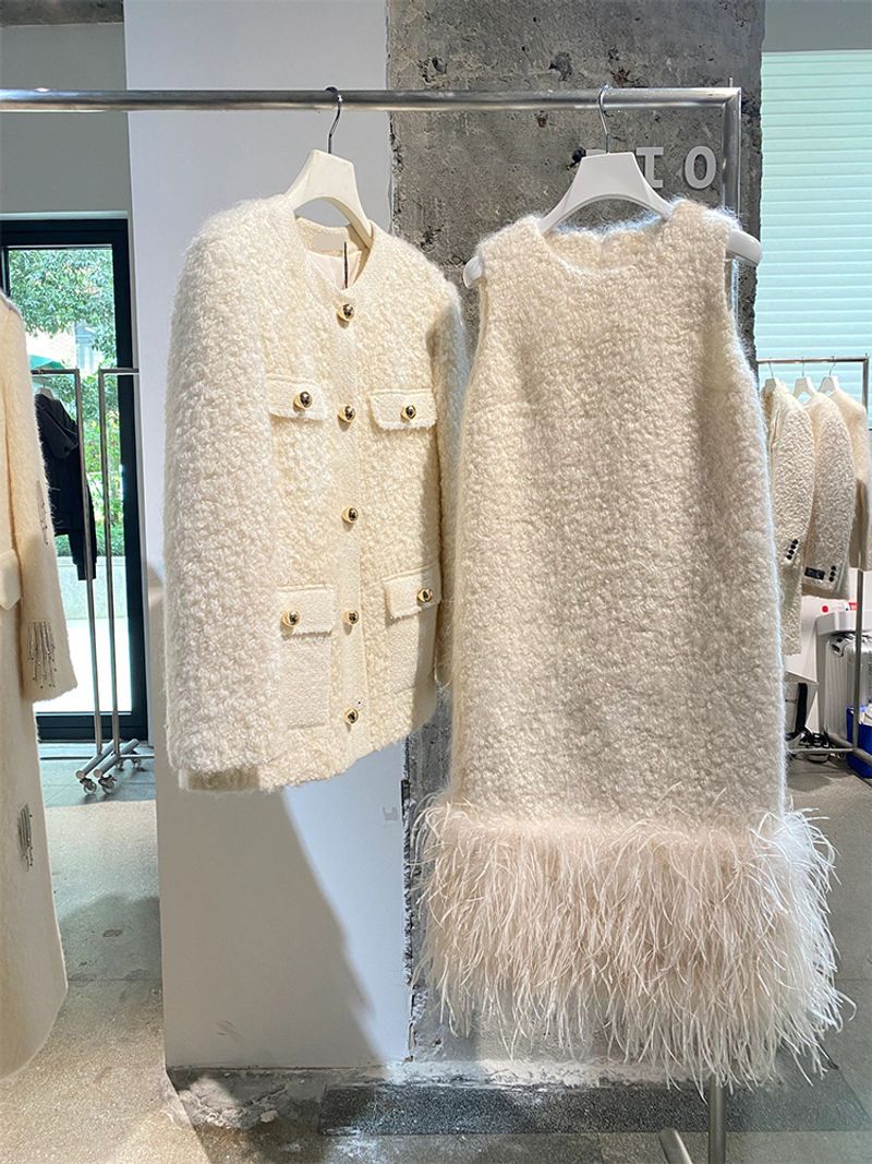 Damenbekleidung Anzug Temperament Licht Luxus High-End weißen Mantel Kleid zweiteiligen Anzug_voghion.com