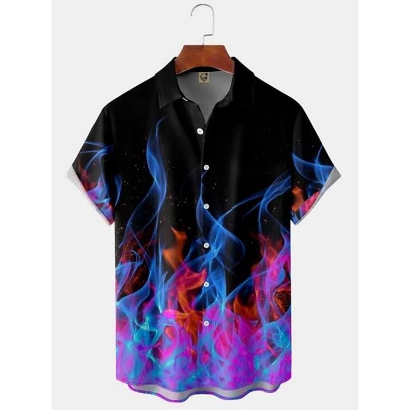 Lustiges Hawaiihemd für Herren mit Kätzchen-Bowling-Flammen-Aufdruck, modisches, lässiges Revers-Oberteil für Herren, offenes Hemd mit Knöpfen_voghion.com