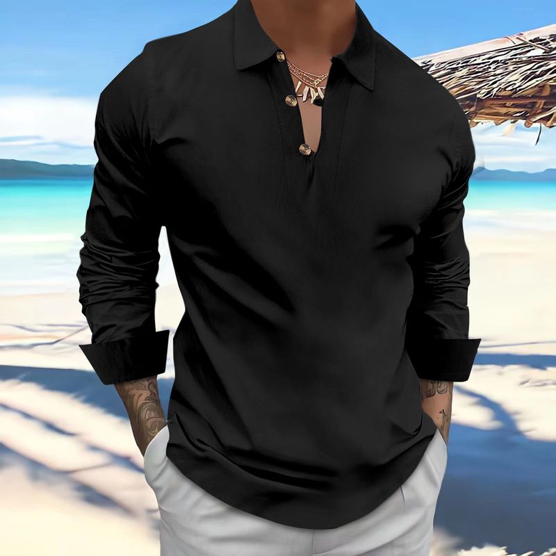 Camicia casual a maniche lunghe in cotone e lino con risvolto e bottoni, da uomo_voghion.com
