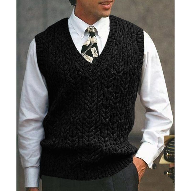 Men's knitted vest cable V-neck sweater solid color casual men's clothing_voghion.com
