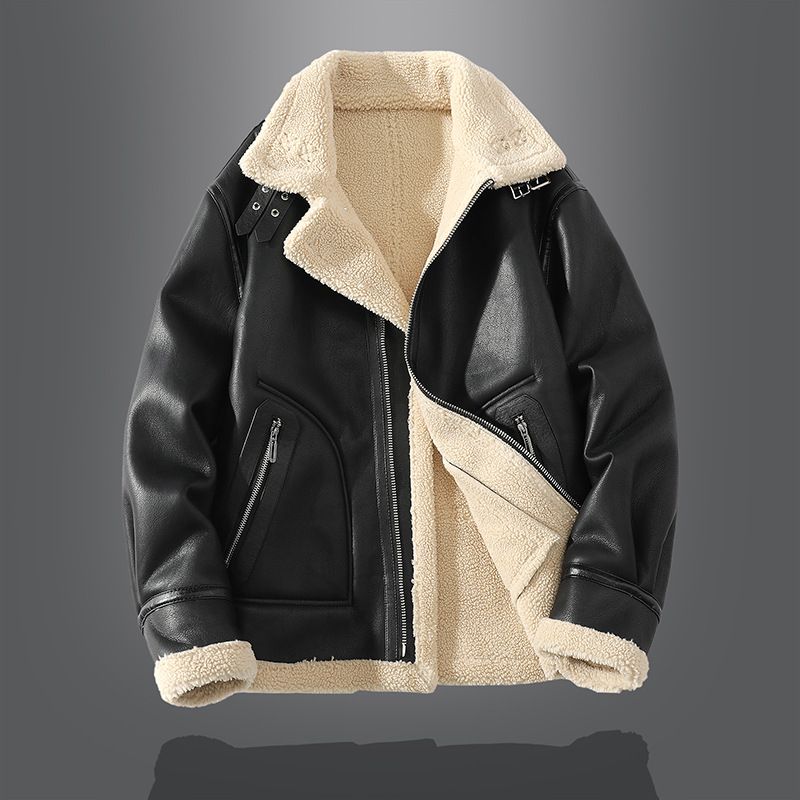 Men's Slim Fit Faux Shearling Jacket, Winter Lined Notch Lapel Coat With Zip Closure, Warm Polyester Blend Outerwear In Black/Brown (Sizes L-4XL)_voghion.com