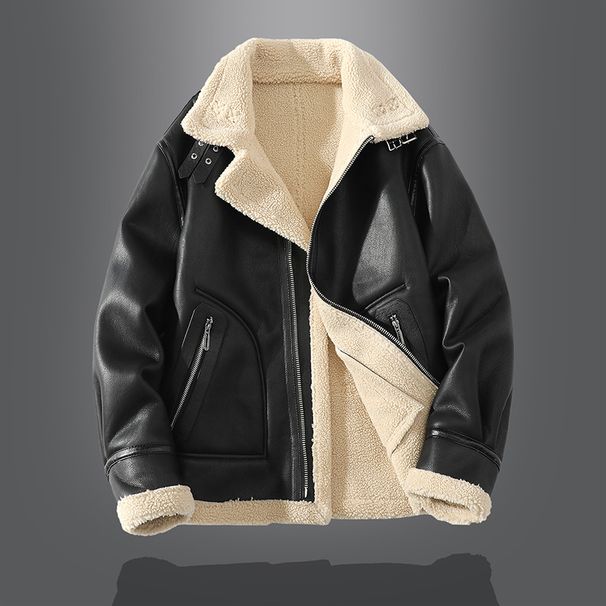 Men's Slim Fit Faux Shearling Jacket, Winter Lined Notch Lapel Coat With Zip Closure, Warm Polyester Blend Outerwear In Black/Brown (Sizes L-4XL)_voghion.com