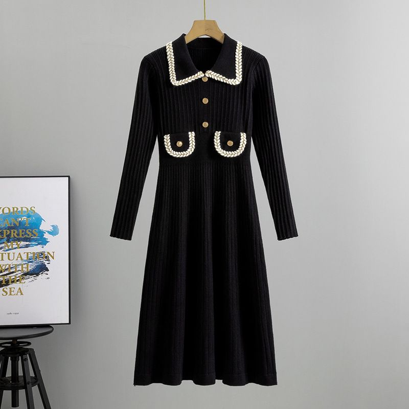 Women's Clothing high end lapel knitted mid length skirt for women Spring and Autumn style elegant and slim dress_voghion.com