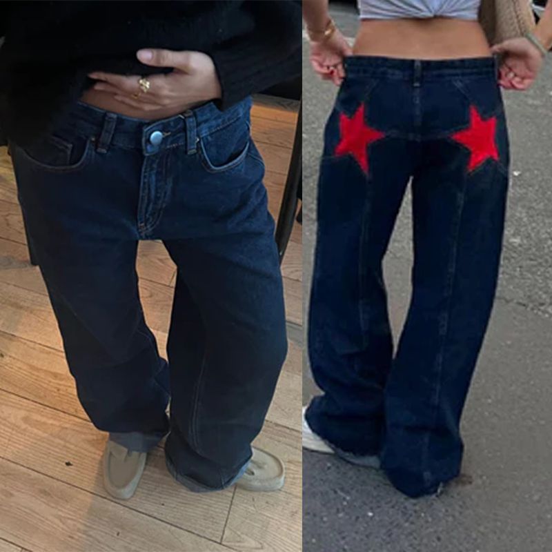 Damenbekleidung Retro Fünfzackige Sternjeans Kontrastfarbene Nähte Freizeithose_voghion.com