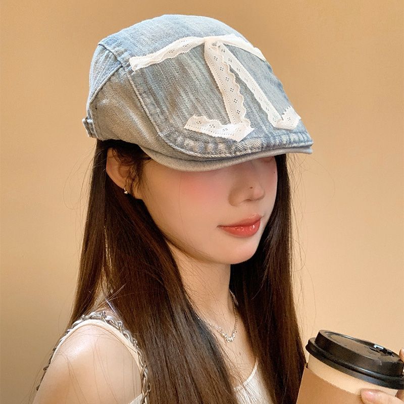 Lace Bow Cowboy Hat Women's Sweet Cool Versatile Face Newsboy Hat Big Head Circumference Painter Hat_voghion.com