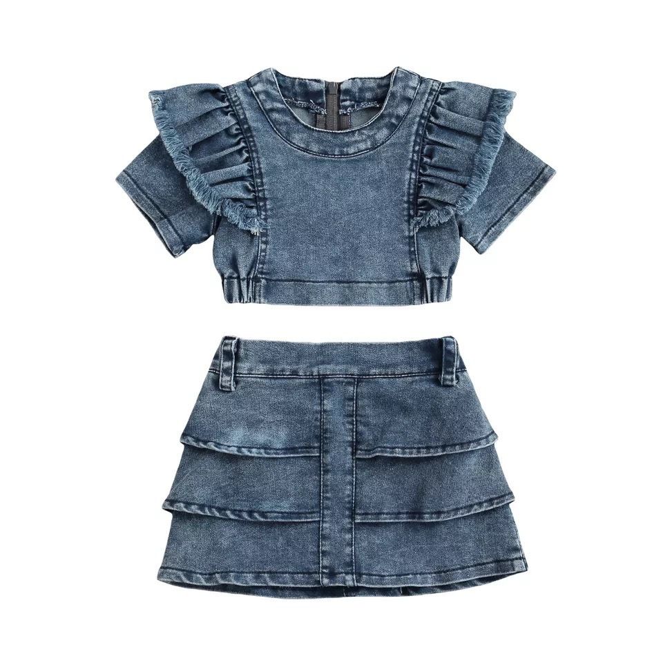 Baby Kleidung Mädchen kleid denim kurzarm rüschen top kurzen rock zwei-stück set mode_voghion.com