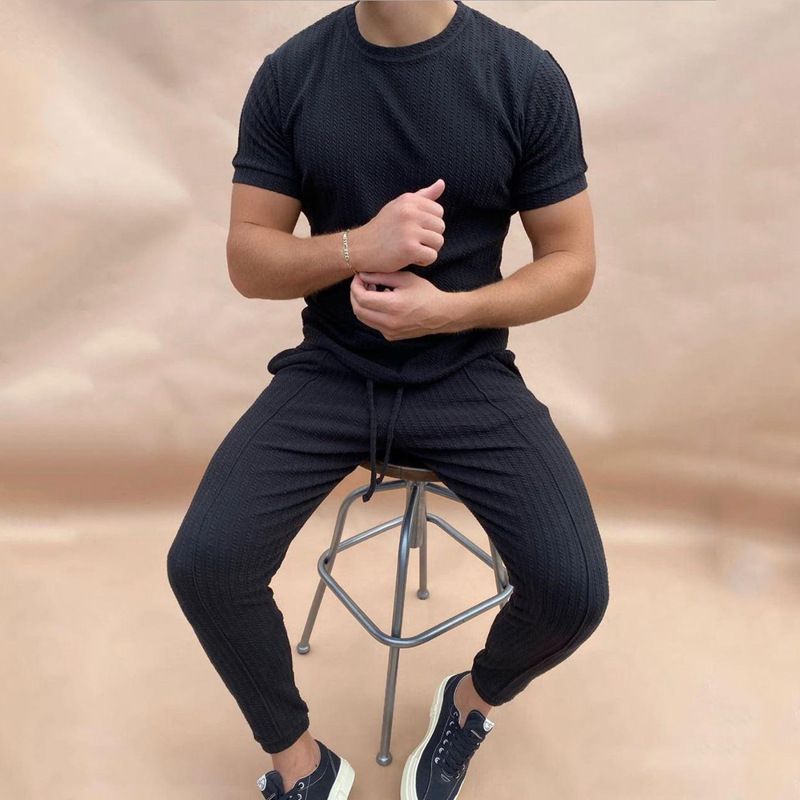Man's Clothing Slim-fit Round Neck Pullover Short Sleeved Trousers Two-piece Casual Solid Color Sports Suit_voghion.com
