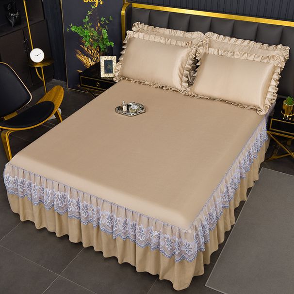 Lace Trim Solid Color Bed Skirt - Soft Brushed Fabric With Anti-Slip Design_voghion.com