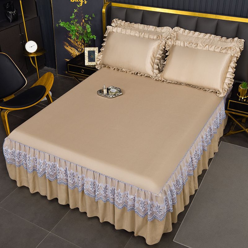 Saia de cama com acabamento em renda e cor sólida - Tecido macio escovado com design antiderrapante_voghion.com