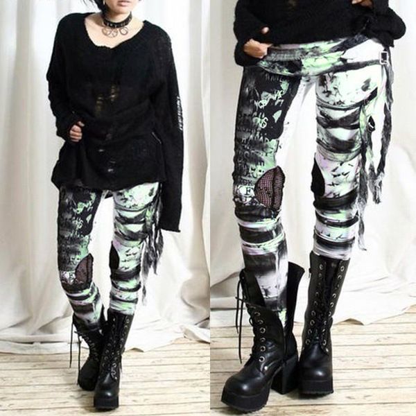 Leggings aus Netzstoff im Gothic-Stil mit Schnürung, Hüfthebende Hose mit hoher Taille_voghion.com