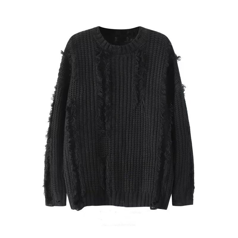 Herren-Zopfmusterpullover mit Fransen im Used-Look – Übergroßer, locker sitzender High-Street-Freizeitpullover für den Winter_voghion.com