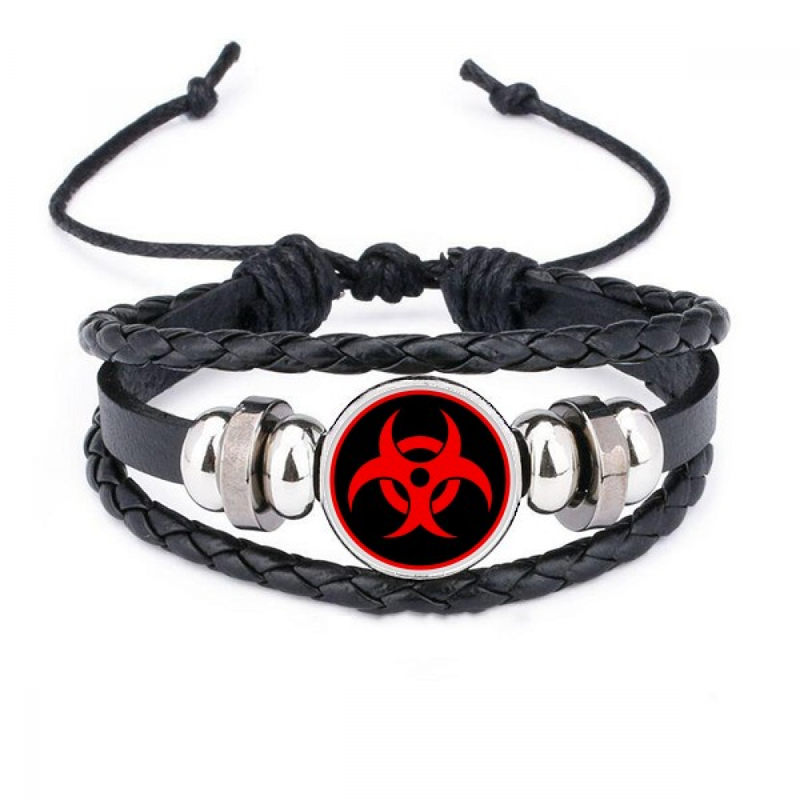 Pulsera de cuero trenzado con símbolo de radiación nuclear roja_voghion.com