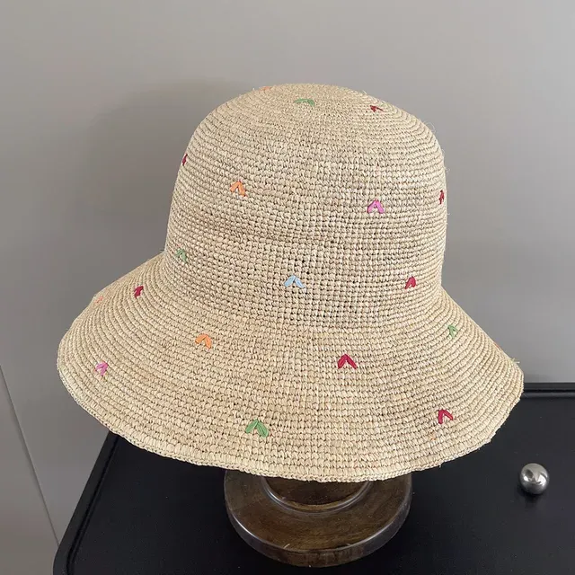 Neu eingetroffen Damen Stickerei Herz Bast Stroh Packbar Sonne Breite Krempe Sommer Bucket Hats Reise Derby Hut_voghion.com