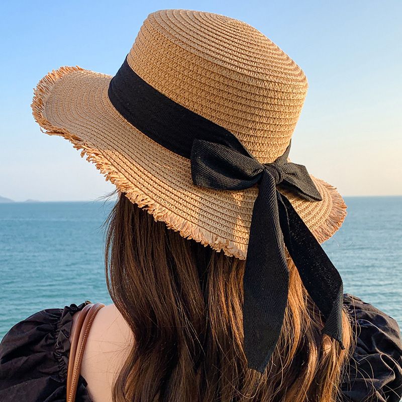 Spring and summer outing new women's fashion straw hat seaside holiday beach hat flat top fluttering bow bow sun hat_voghion.com